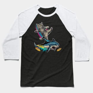 Cat Riding Shark Underwater Adventure Baseball T-Shirt